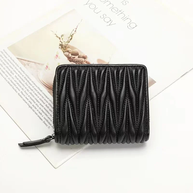 Luxury Quilted Bags - กระเป๋าสตางค์หนังแกะแท้แบบพับได้มีซิปแฟชั่นสำหรับผู้หญิงหนังแกะกระเป๋าใส่เงินแบบสั้นของผู้หญิงทันสมัย dompet koin ซองใส่บัตร
