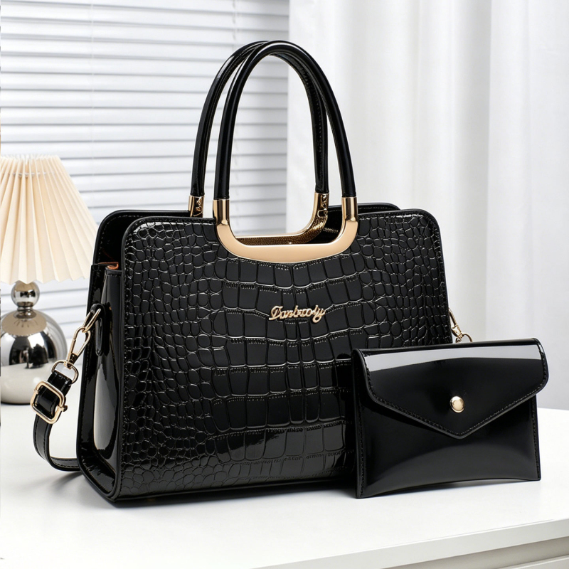 Top Handle Patent Bag - ชุดกระเป๋าถือผู้หญิงแบบ 2 ชิ้น ลายหนังจระเข้ กระเป๋าถือผู้หญิงหนังแก้ว กระเป๋าถือหูหิ้วหนังแท้คุณภาพพรีเมียม