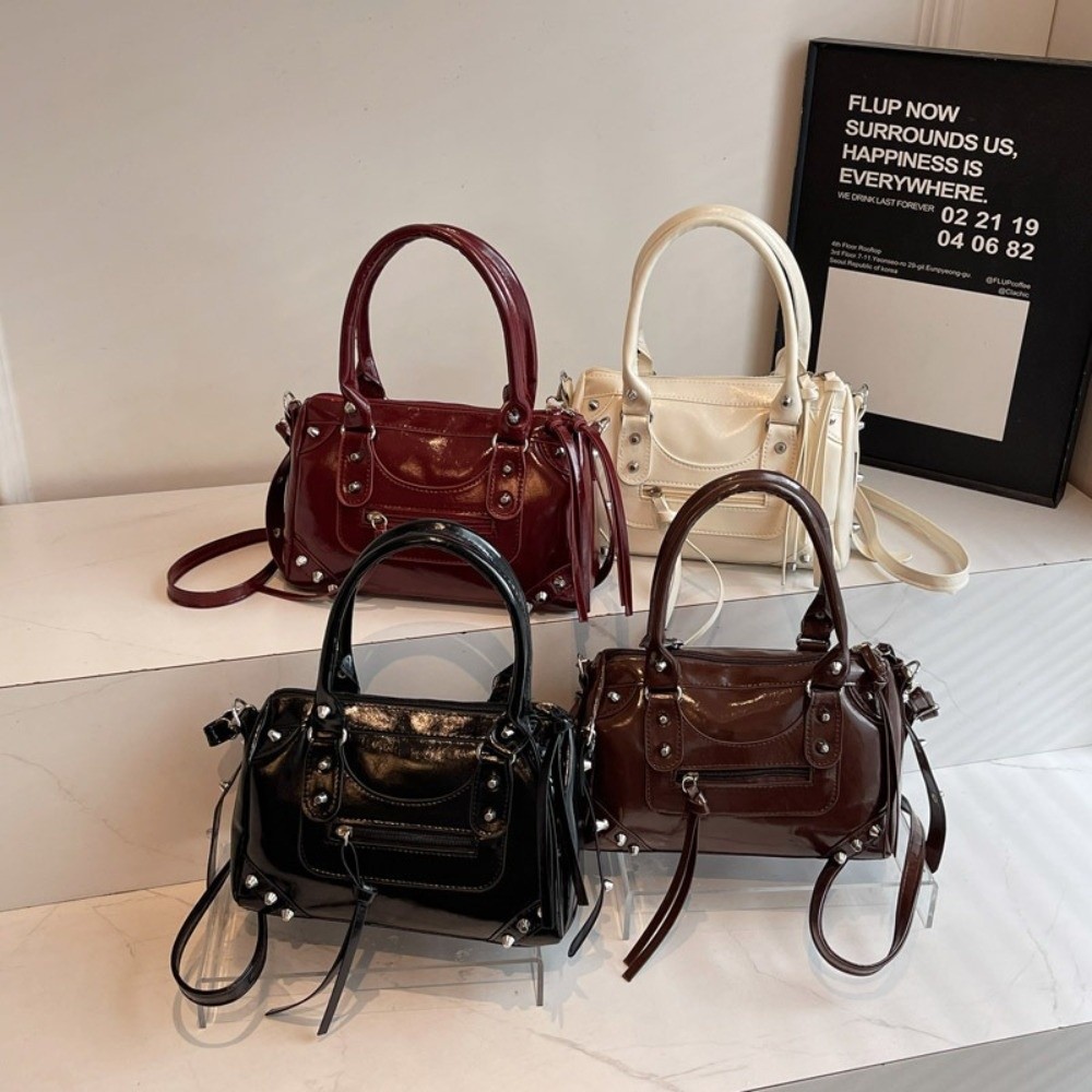 Top Handle Patent Bag - กระเป๋าถือแฟชั่นแบบมีหมุด ขนาดใหญ่ วัสดุหนังแก้ว สะพายไหล่เดียว แบบมีซิป หูหิ้วด้านบน